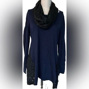 Style&co. Petite PL Indigo Blue Combo Pullover Scarf Sweater